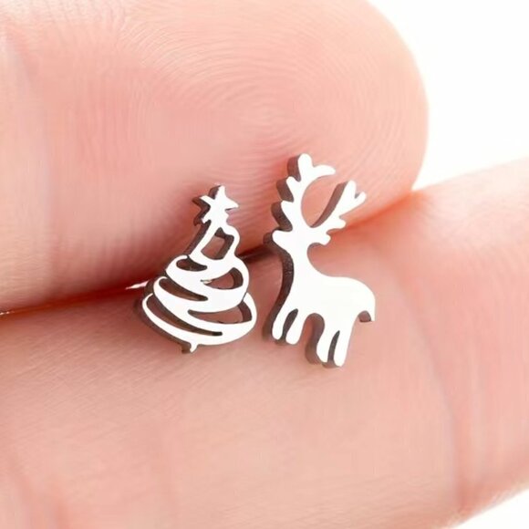 Tiny Reindeer and Christmas Tree Stainless Steel Stud Small Earrings #1144 - Picture 5 of 9